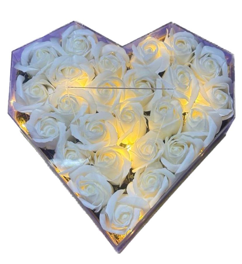 pleksi ışıklı kutuda yapay beyaz güller (25cm)